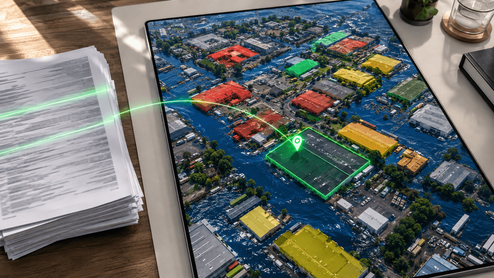 Policy documents being scanned on a desk, a glowing thread dropping a pin onto a satellite map of the flooded district