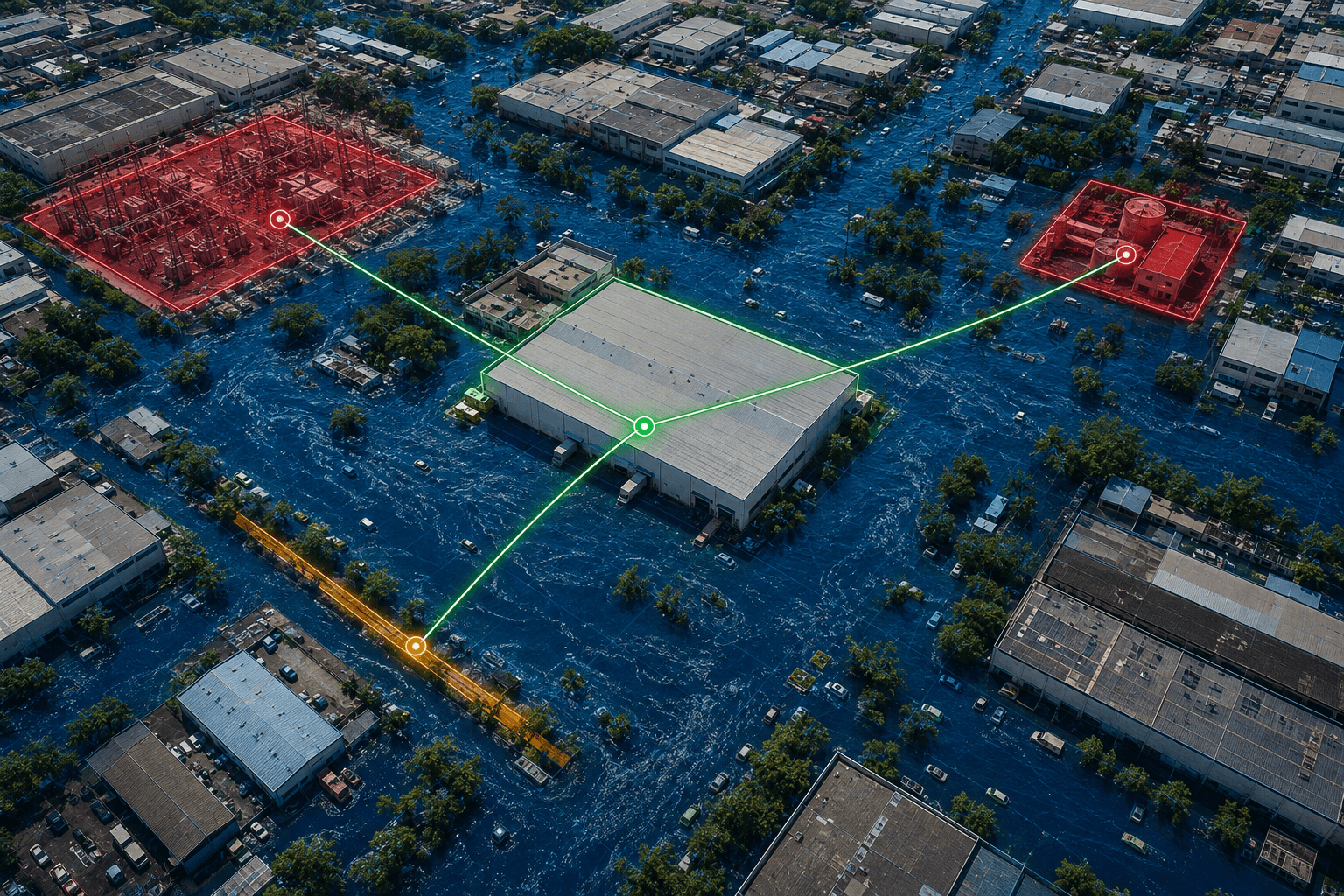 District aerial with the flooded substation, pumping station and access road linked to the asset