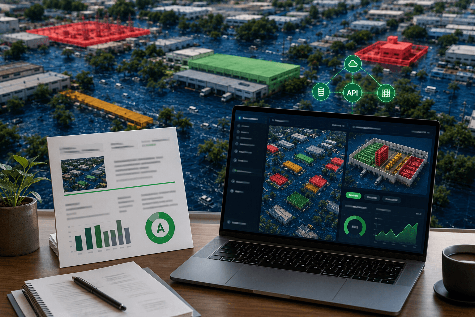 Desk with a printed risk report and a laptop flood-risk dashboard, the color-coded flooded district behind