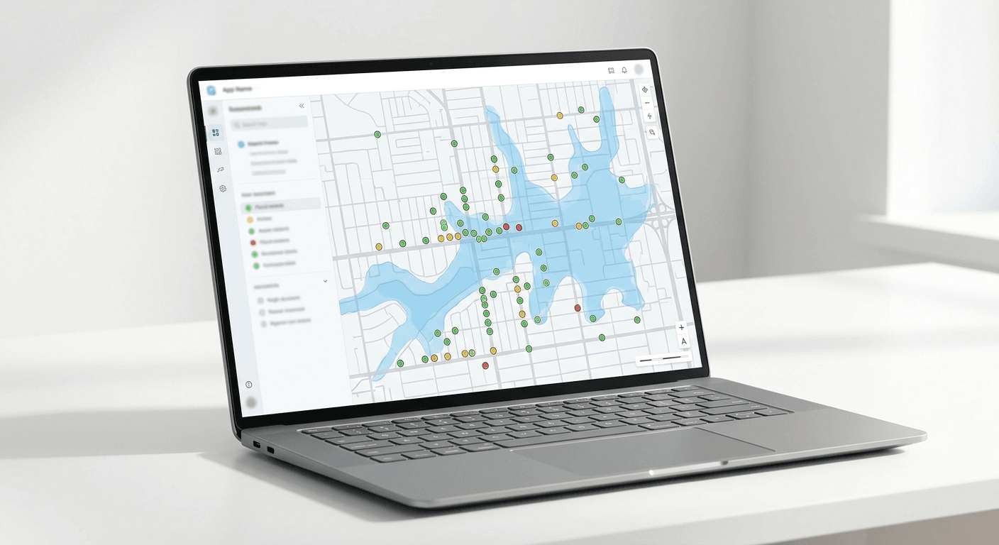 Laptop showing a portfolio map with flood extents and color-coded asset markers
