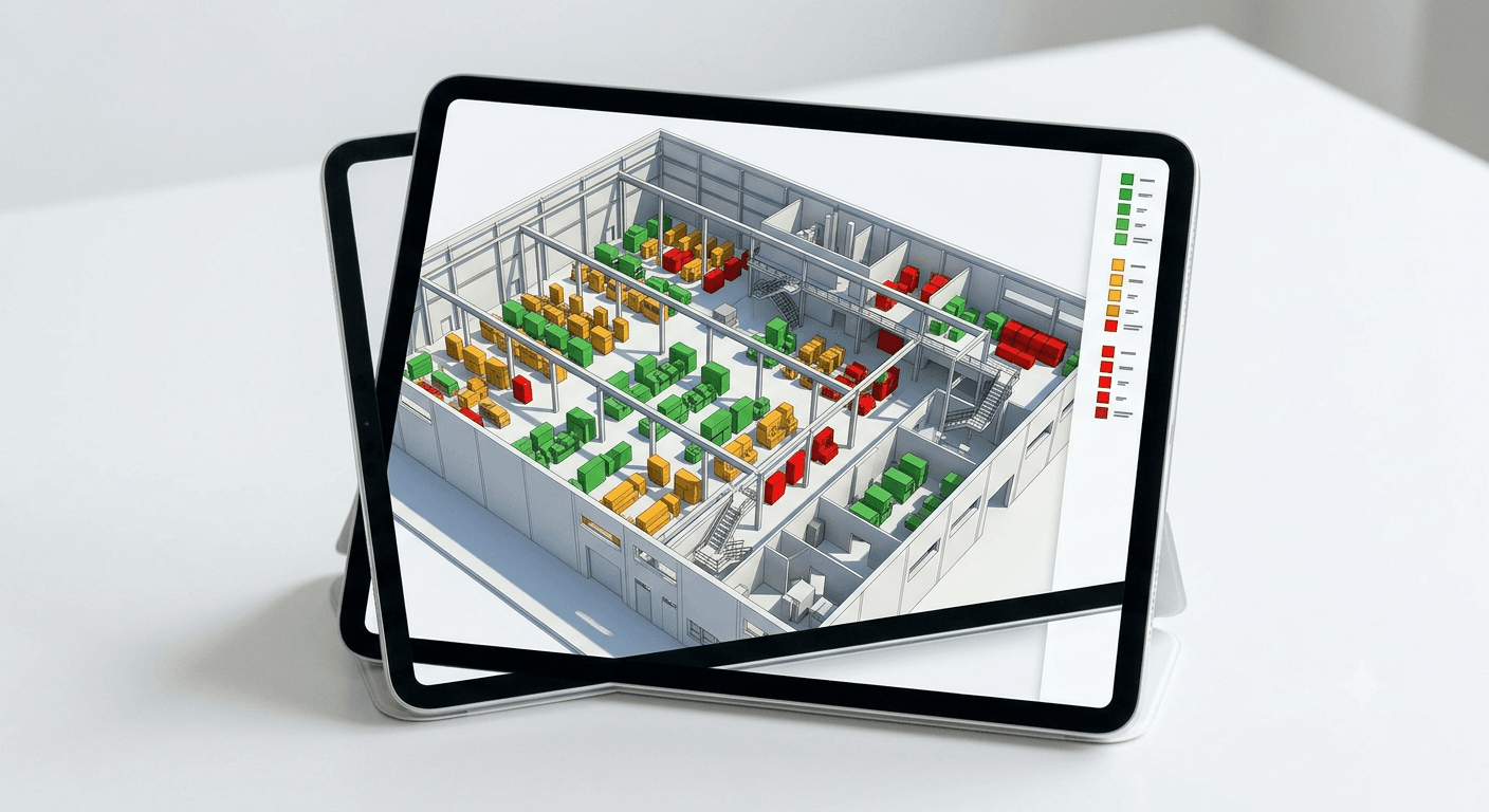 Tablet showing a 3D building cutaway with components color-coded by risk