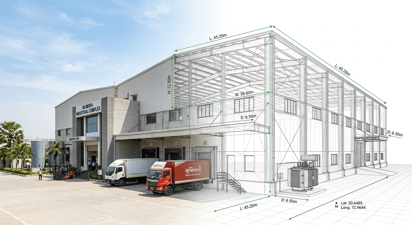 Industrial building half photographed, half resolved into a 3D scan