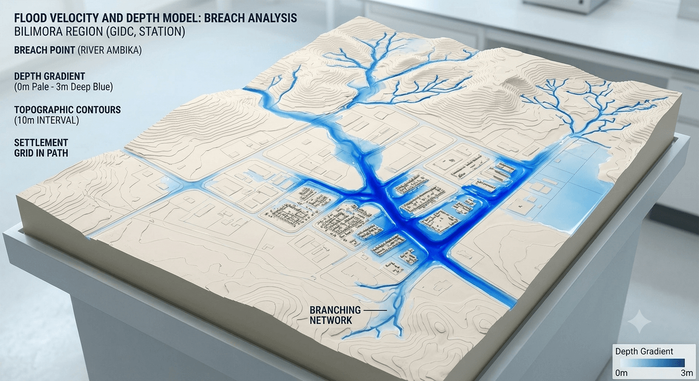 Flood simulation branching through a pale terrain model