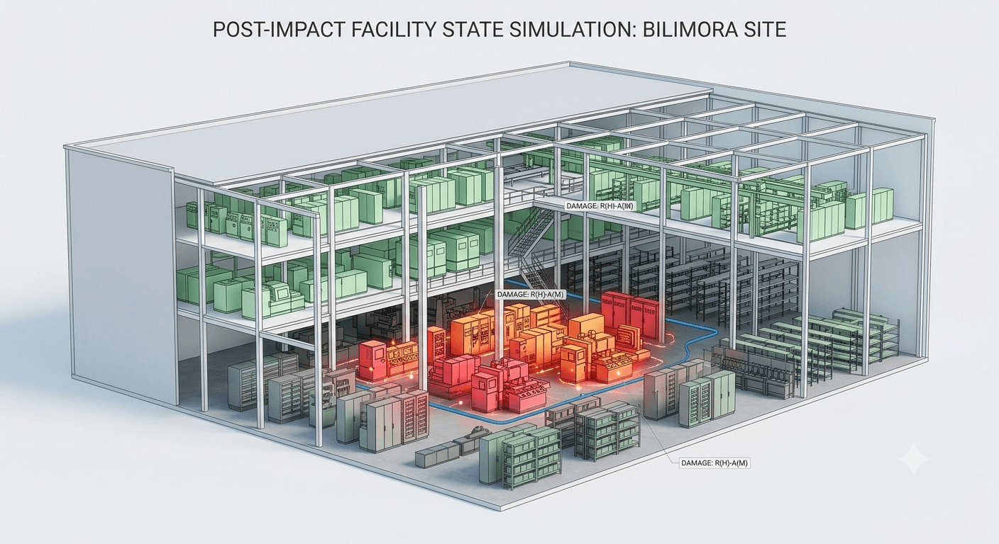 Building cutaway with impacted components highlighted in red and amber