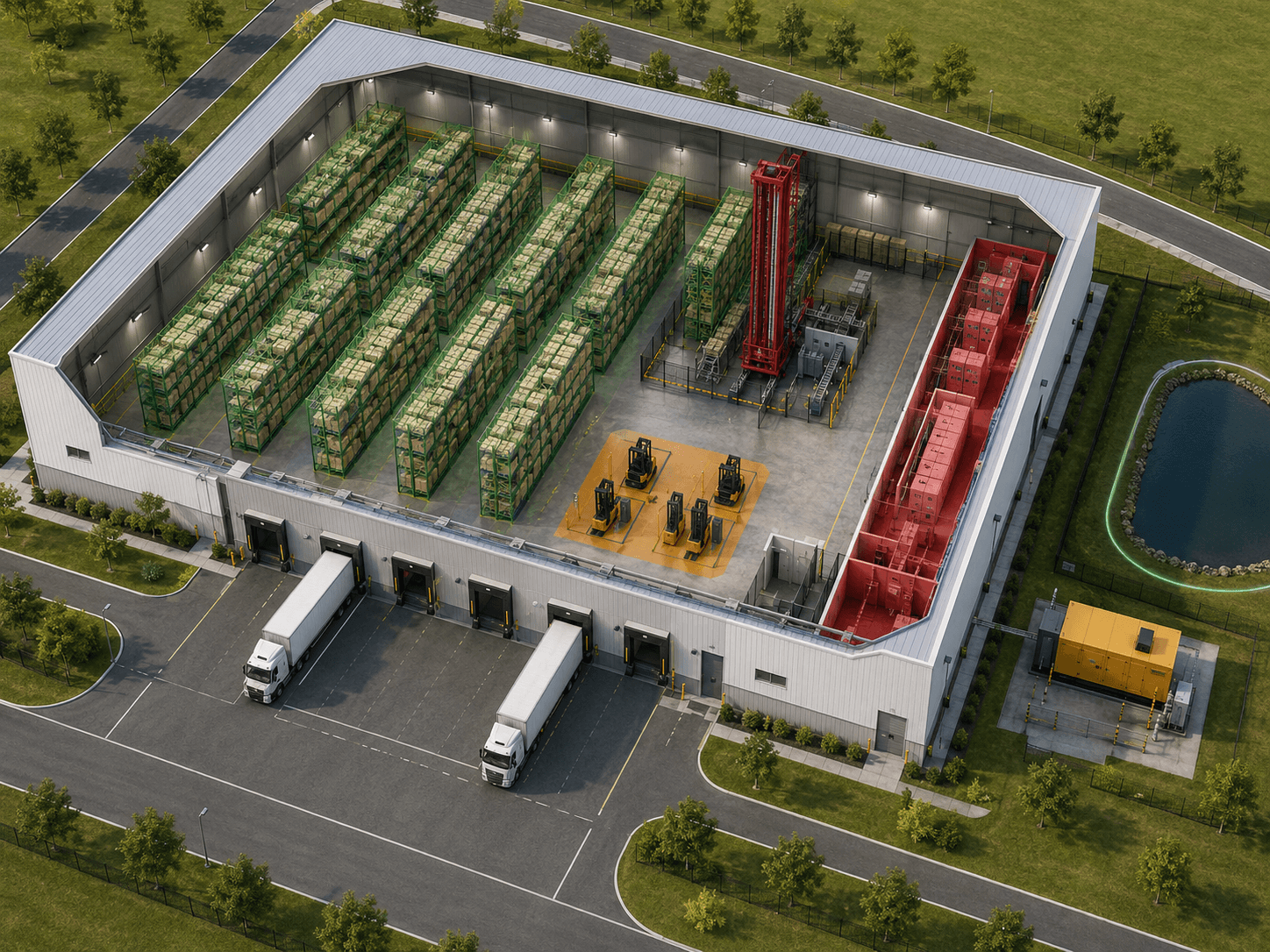 Isometric cutaway of a logistics warehouse with pallet racking, ASRS crane, forklift charging, electrical room, generator and detention pond color-coded by flood risk